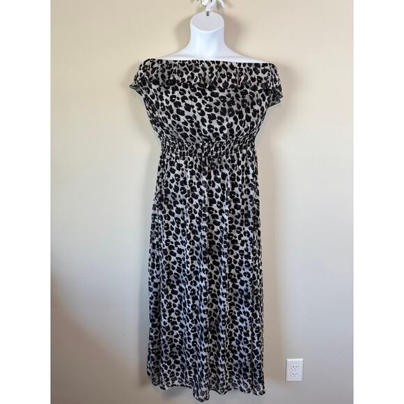 Leopard Print Off Shoulder Maxi Dress Sz 2X Smocked Boho Flowy Summer Beach USA - Picture 4 of 6